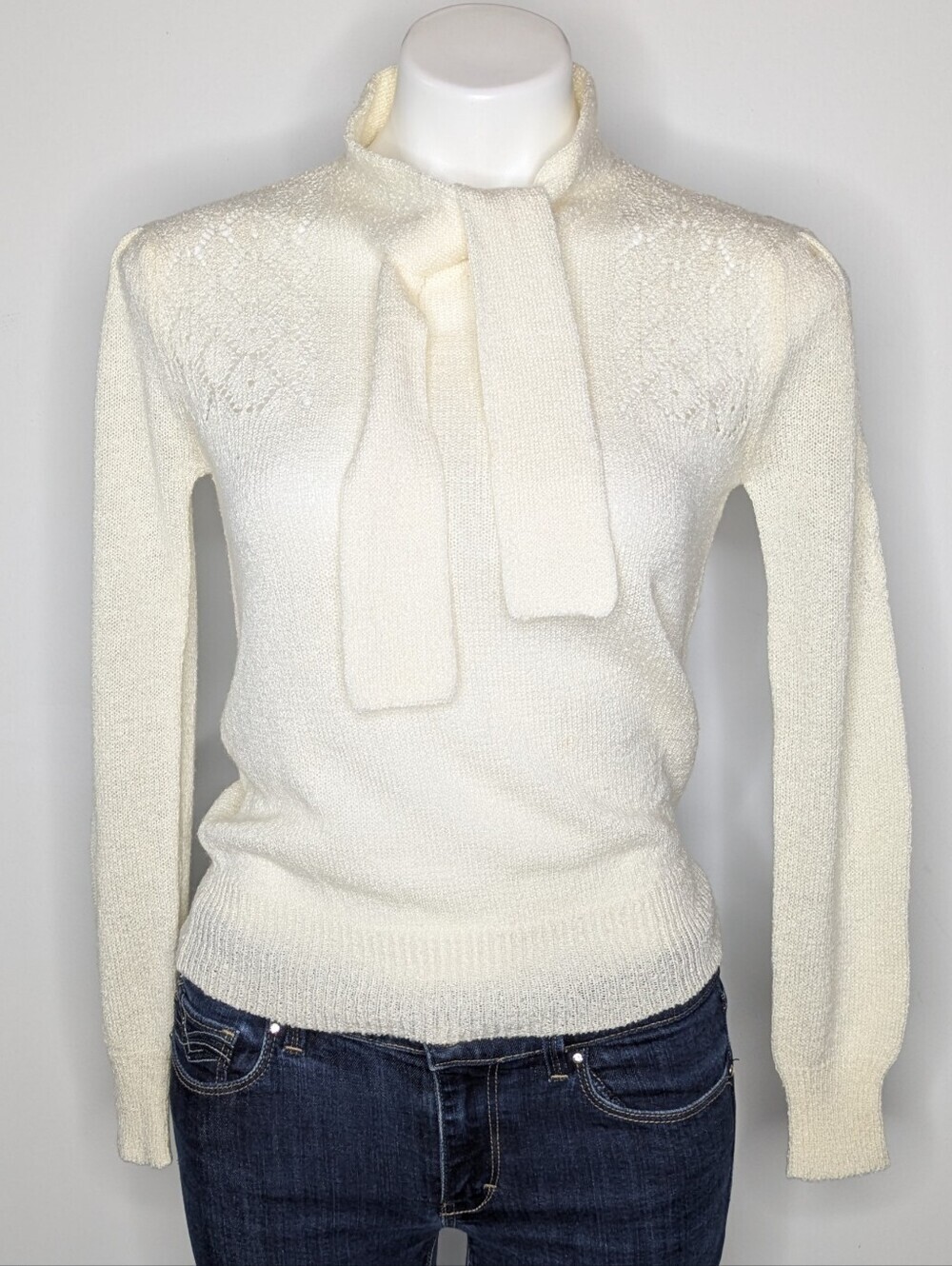 Vintage Cream Crochet Lace Tie Neck Lightweight Sheer Sweater XS/S